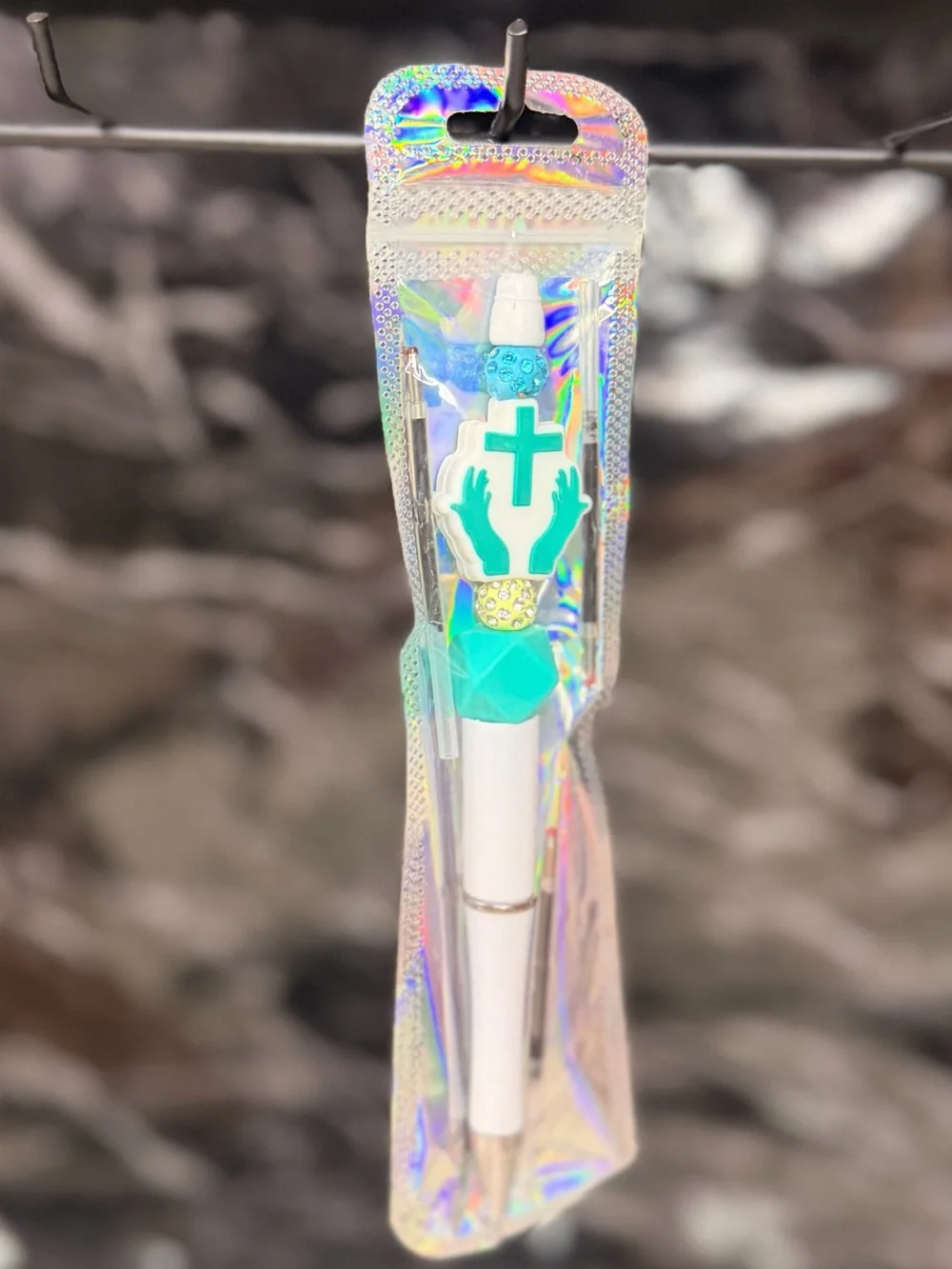 Teal Cross Focal Bead Pen Black and Blue Ink